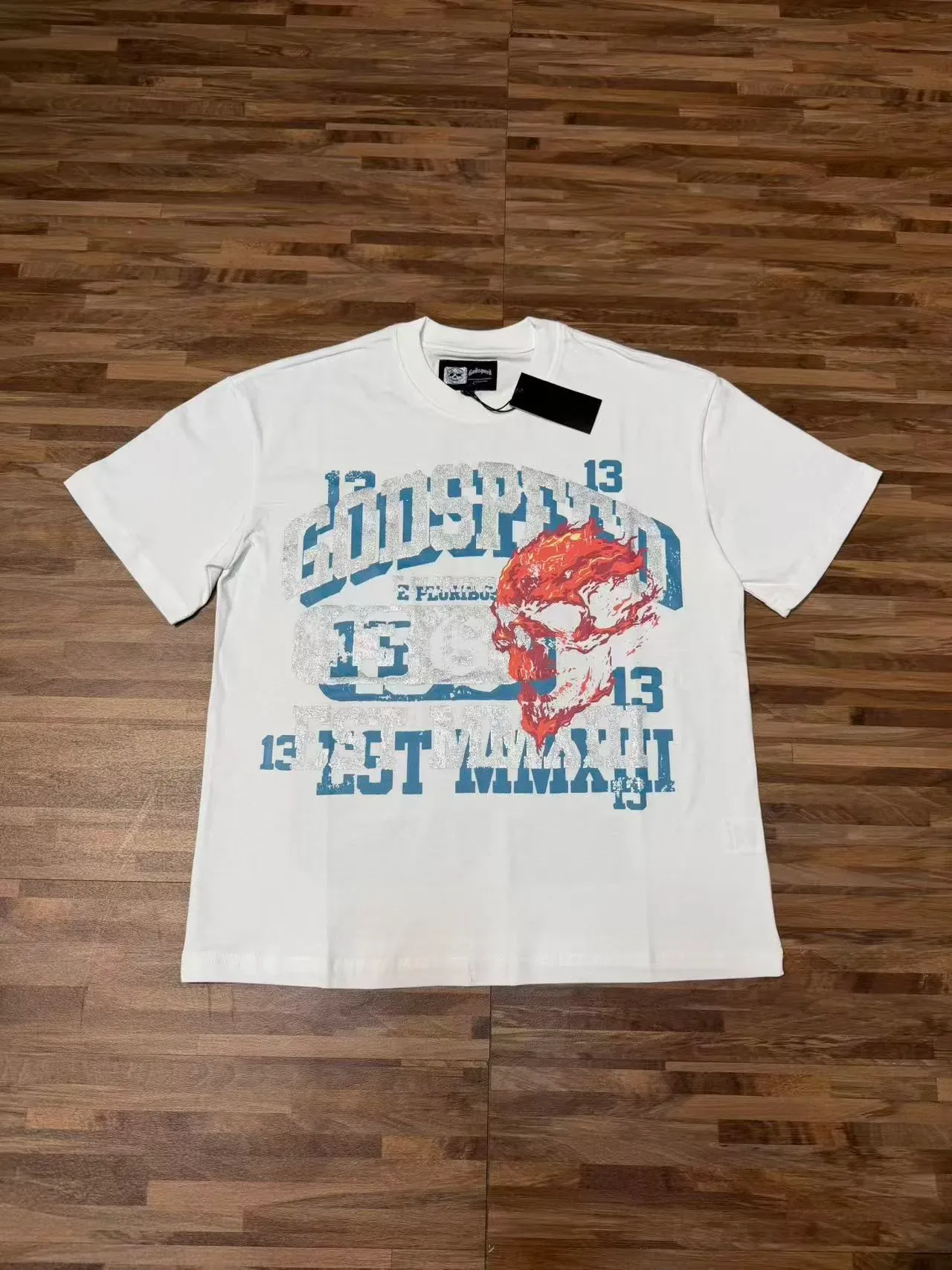 T-shirt Godspeed blanc et bleu à imprimé graphique col rond 3