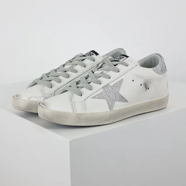Golden Goose Superstar Distressed White Leather Glitter Star Lifestyle Sneakers 2