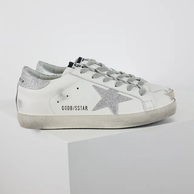 Golden Goose Superstar Distressed White Leather Glitter Star Lifestyle Sneakers 3