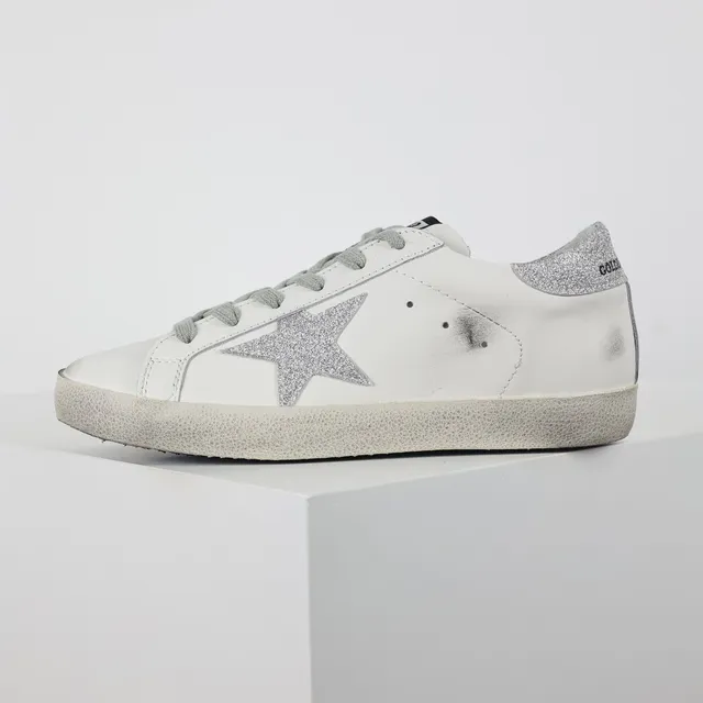 Golden Goose Superstar Distressed White Leather Glitter Star Lifestyle Sneakers 9