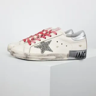 Golden Goose Branco Rosa Couro Distressed Estrela Glitter Appliqué Sneakers Lifestyle