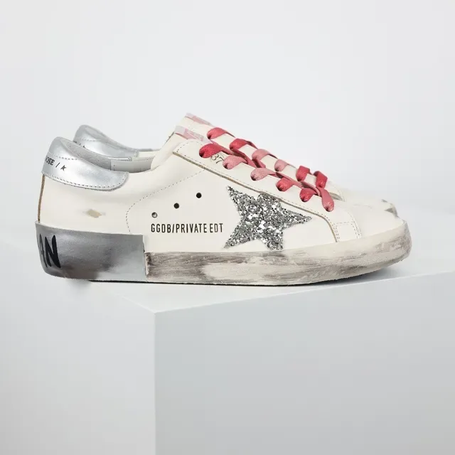 Golden Goose Blanc Rose Cuir Distressed Étoile Glitter Appliqué Sneakers Lifestyle 3