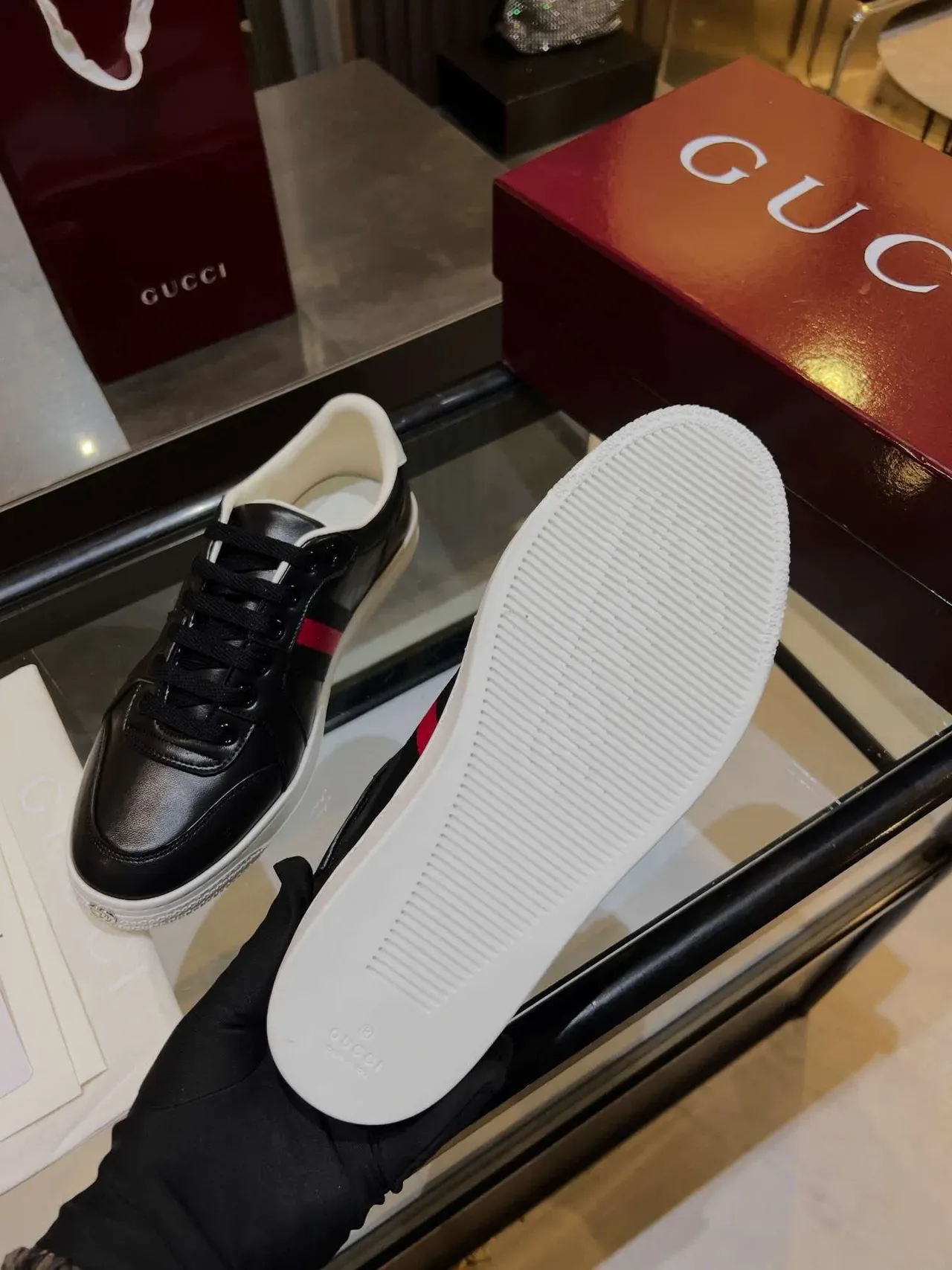 Gucci Ace Black and Red Web Stripe Lifestyle Sneakers 2