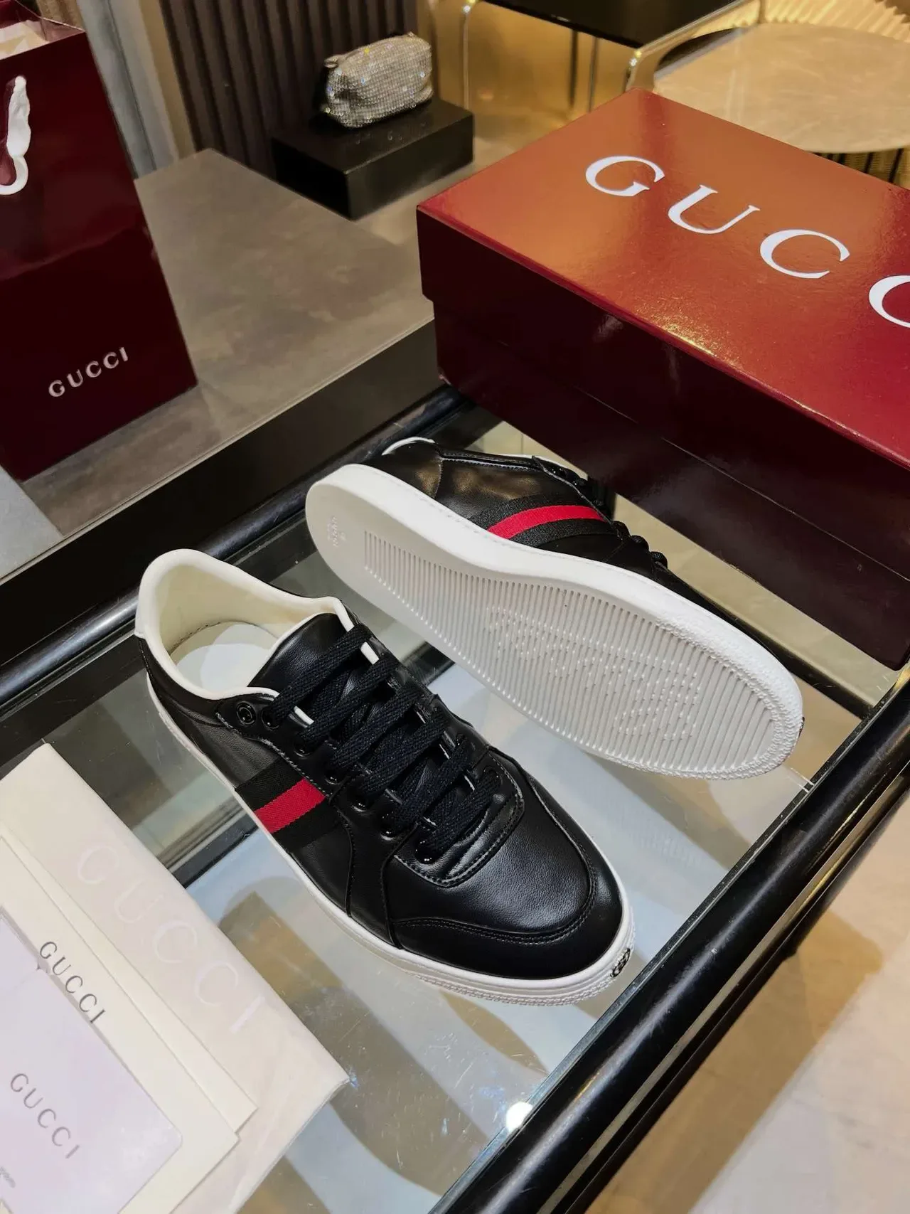 Gucci Ace Black and Red Web Stripe Lifestyle Sneakers 4
