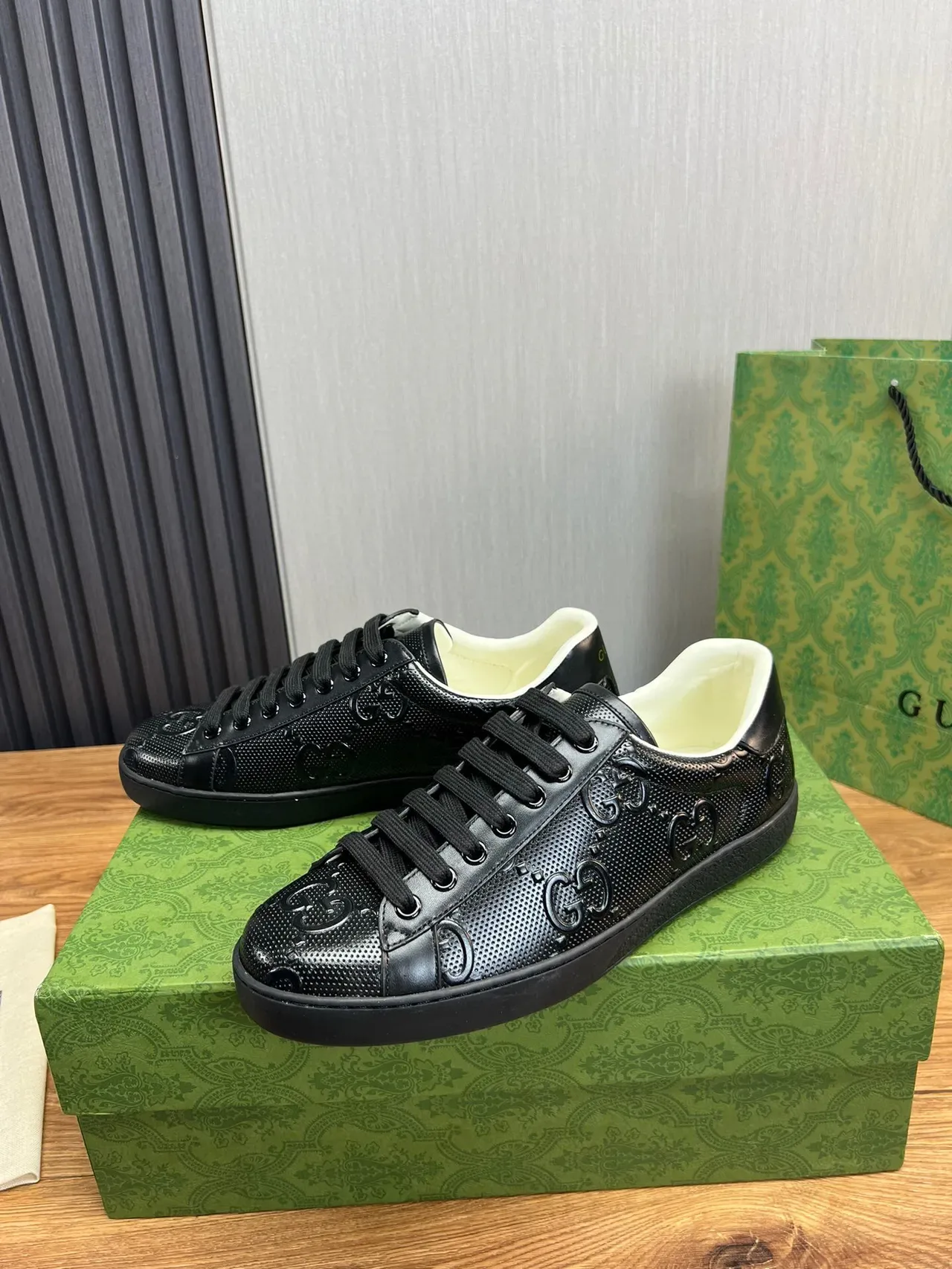 Gucci Ace Black Perforated GG Monogram Lifestyle Sneakers 3