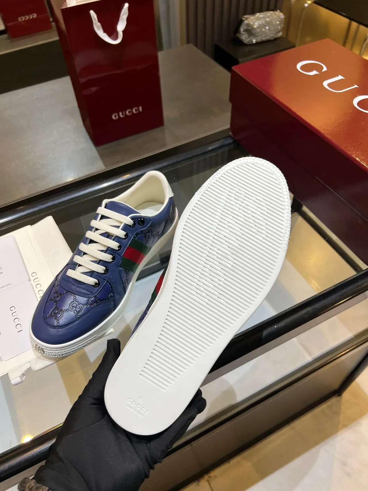 Gucci Ace أحذية رياضية أسلوب حياة أزرق GG Monogram Web Stripe 2