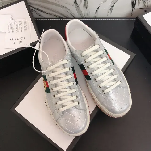 Gucci Ace Silver Red Quilted Metallic Upper Crystal-Embellished Platform Sole Lifestyle Sneakers 2