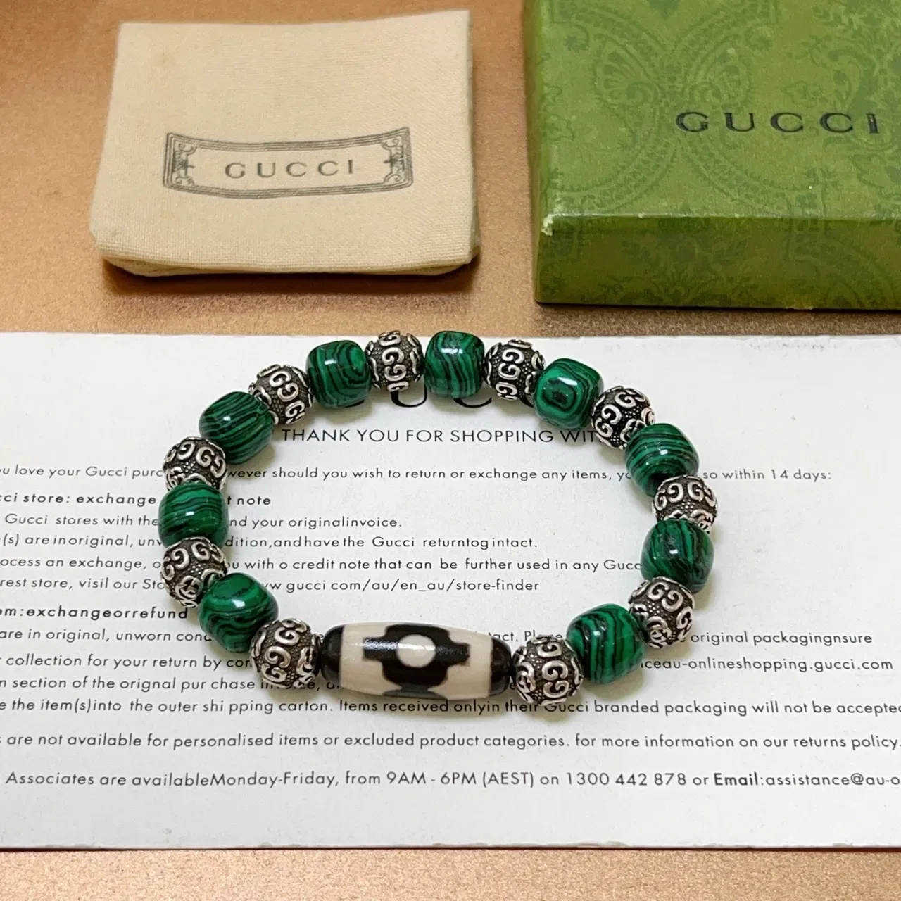 Gucci Beaded Malachite and Silver-Tone Bracelet 6