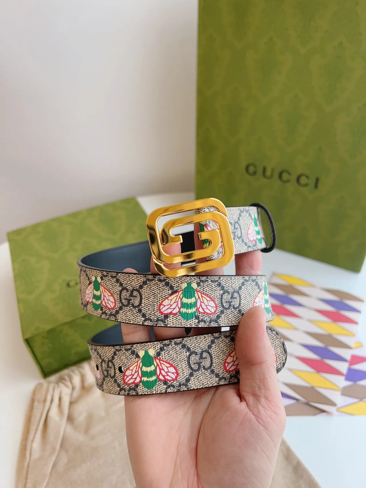 Gucci মৌমাছির মোটিফ GG বেল্ট ভূরা কালো মোনোগ্রাম ক্যানভাস ইমব্রয়ডারি চামড়ার বেল্ট 2