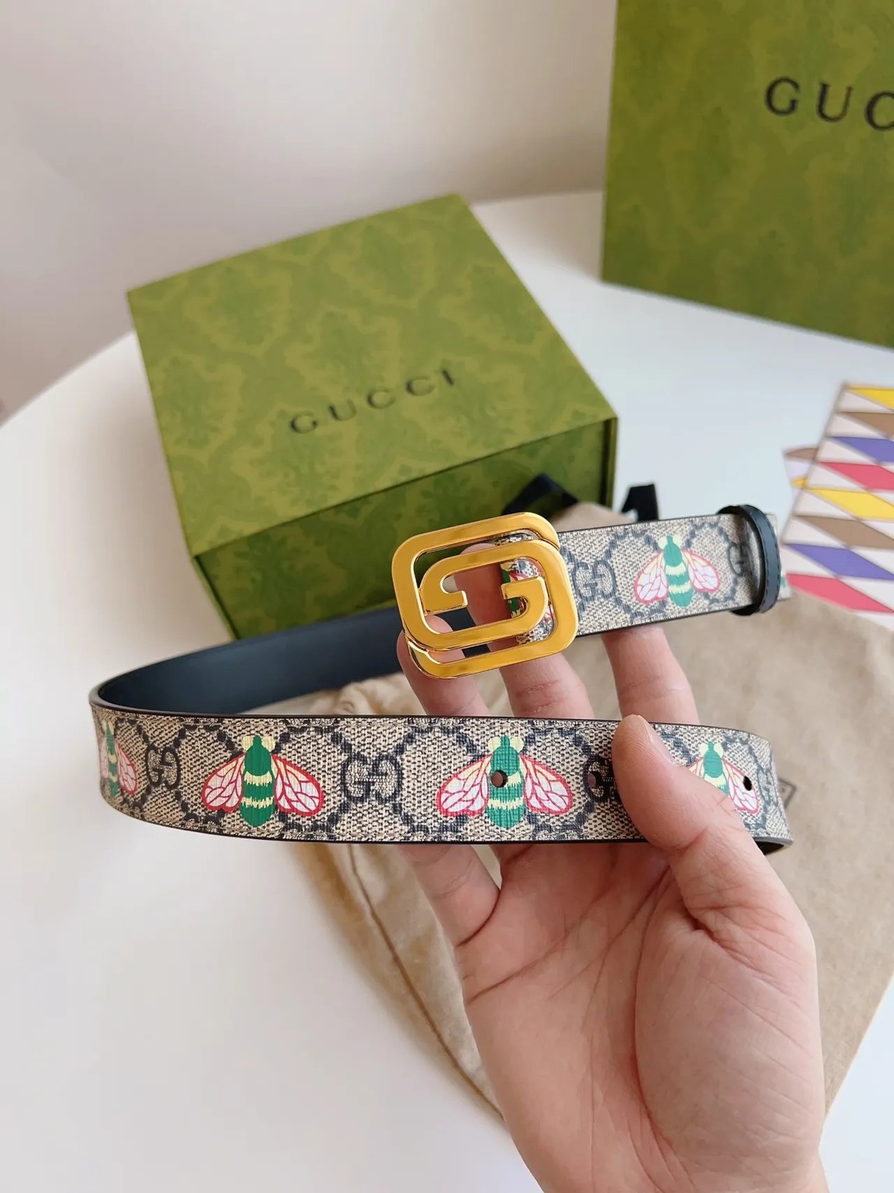 Gucci মৌমাছির মোটিফ GG বেল্ট ভূরা কালো মোনোগ্রাম ক্যানভাস ইমব্রয়ডারি চামড়ার বেল্ট 3