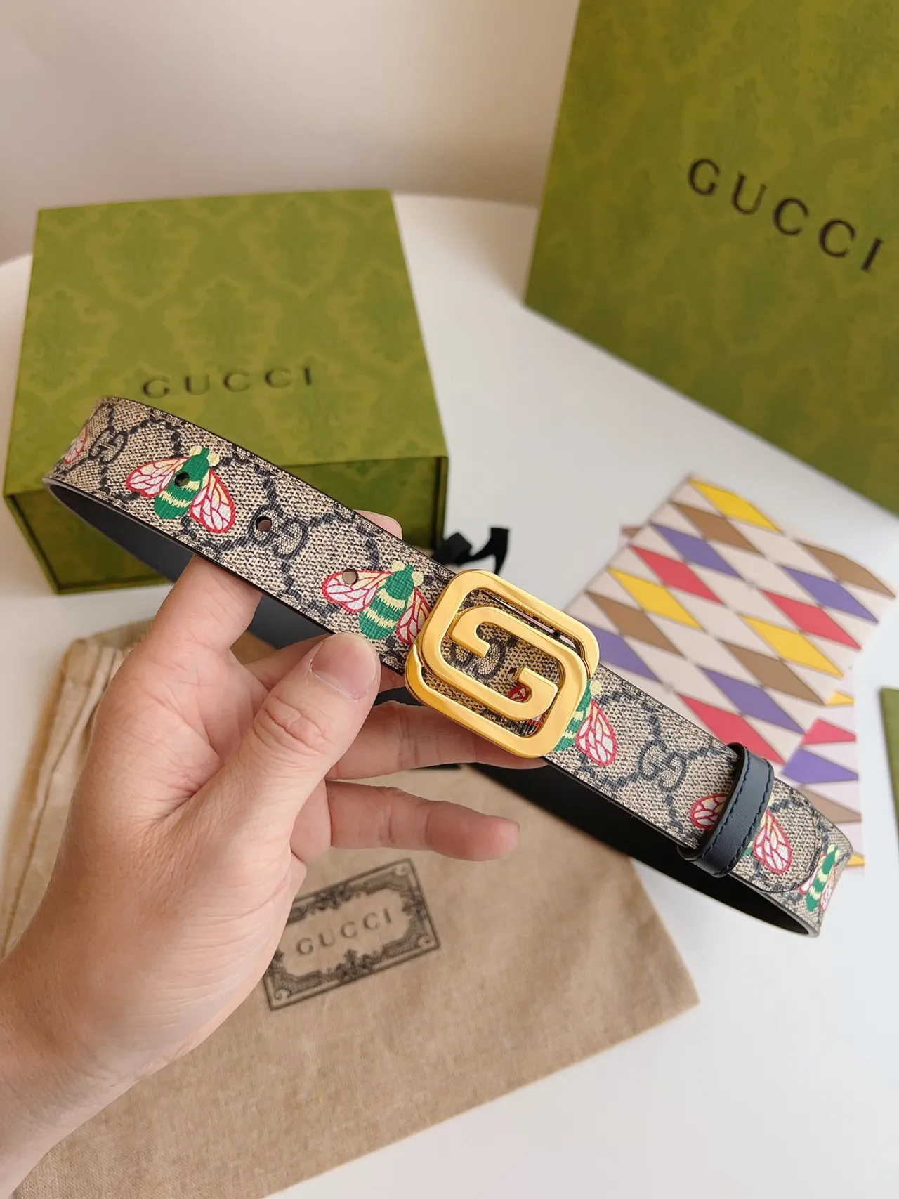 Gucci মৌমাছির মোটিফ GG বেল্ট ভূরা কালো মোনোগ্রাম ক্যানভাস ইমব্রয়ডারি চামড়ার বেল্ট 4