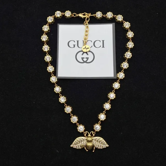 Gucci Bee Motif Gold Transparent Crystal-Encrusted Link Chain Pendant Necklace 2