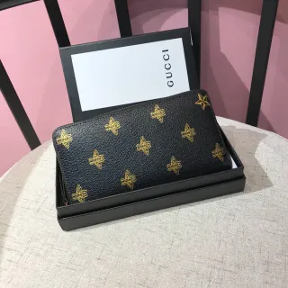 Gucci Bee Print Textured Black Leather Long Wallet
