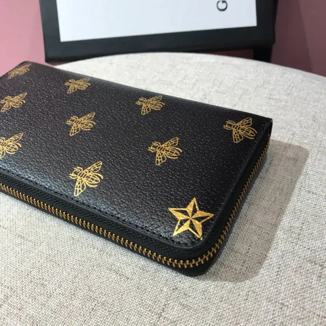 Gucci طباعة النحل جلد مموج أسود محفظة طويلة 3