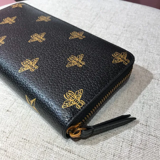 Gucci طباعة النحل جلد مموج أسود محفظة طويلة 4