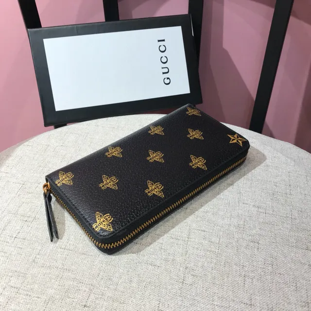 Gucci طباعة النحل جلد مموج أسود محفظة طويلة 5