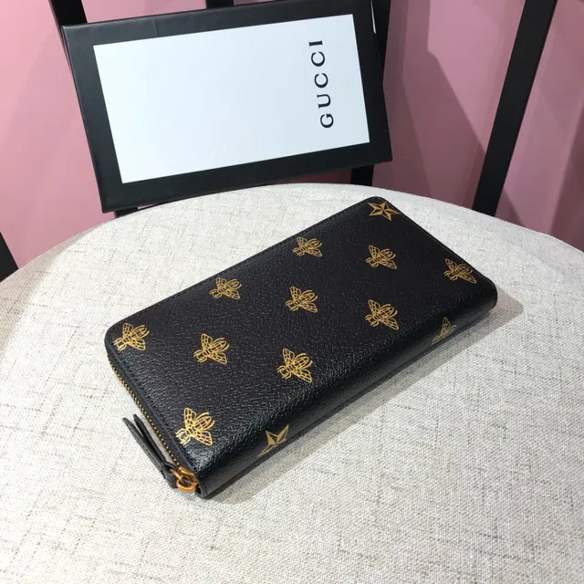 Gucci طباعة النحل جلد مموج أسود محفظة طويلة 6