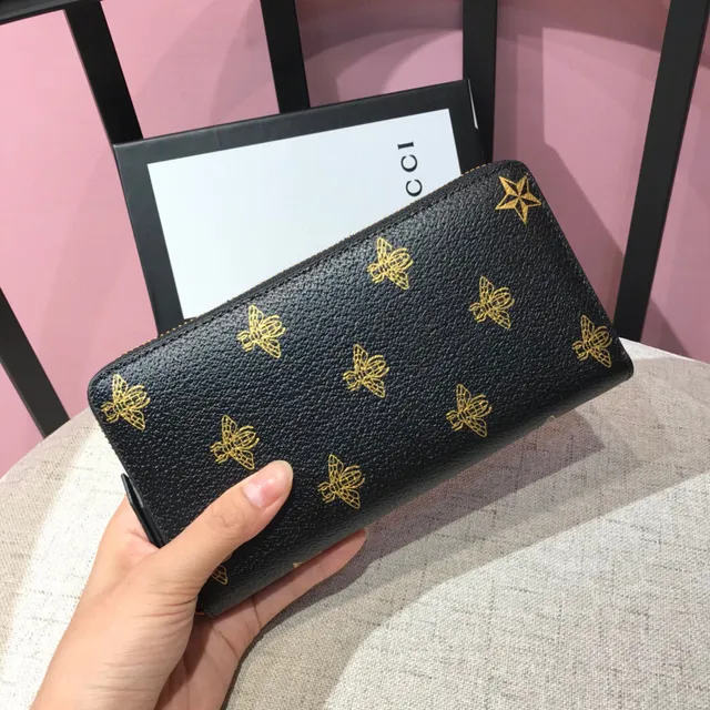 Gucci طباعة النحل جلد مموج أسود محفظة طويلة 9