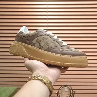 Gucci Beige Marrón Monogram Lona Cuero Sobrecapas Zapatillas Lifestyle