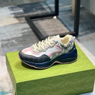 Gucci Beige Navy GG Monogram Canvas Suela Multicapa Zapatillas Gruesas