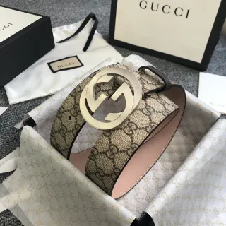 Gucci बेज पिंक GG Monogram कैनवास इंटरलॉकिंग G बकला लेदर बेल्ट