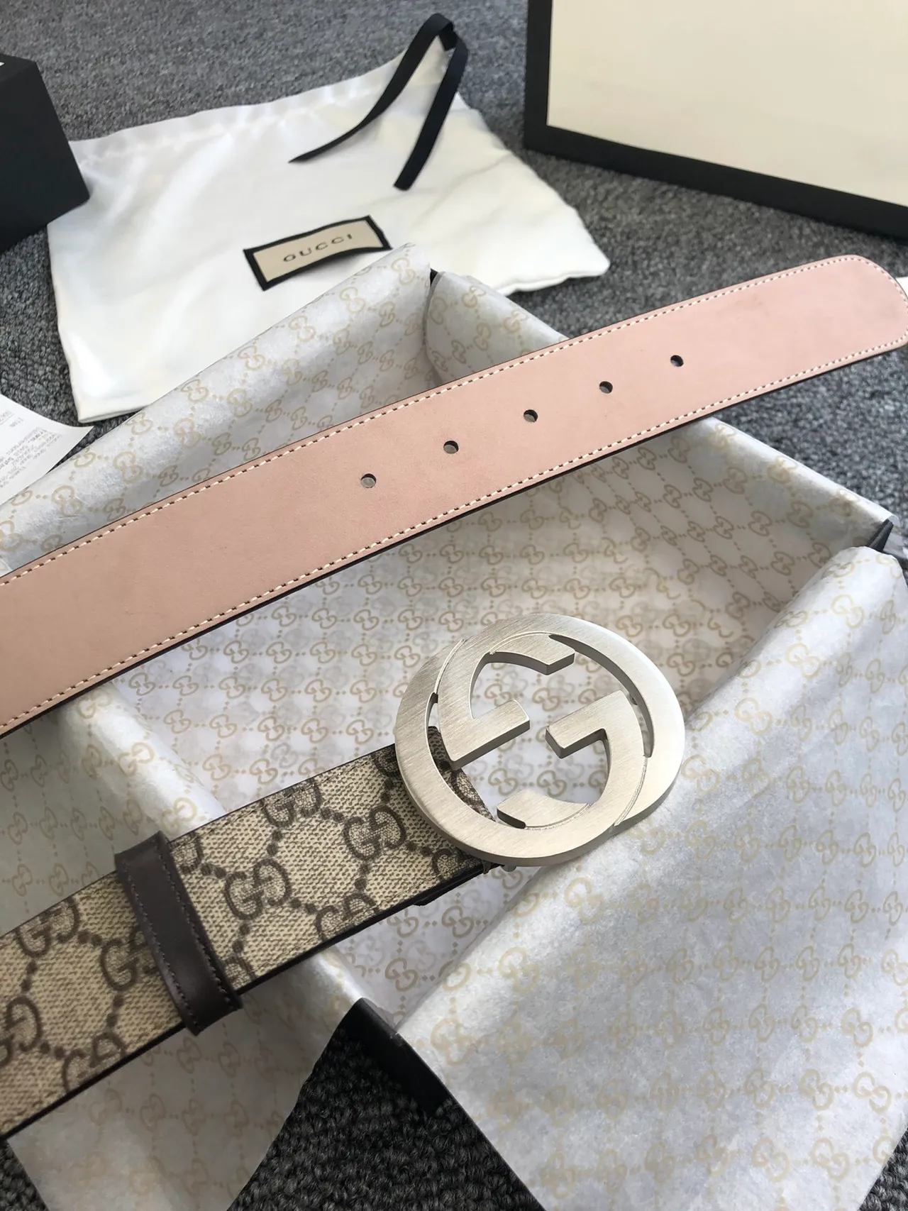 Gucci Beige Pink GG Monogram Canvas Interlocking G Buckle Leather Belt 8