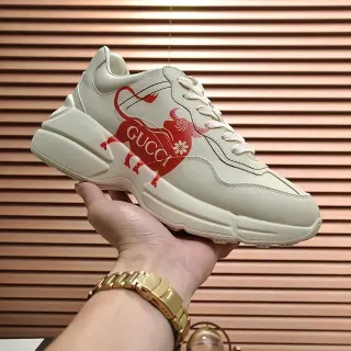 Gucci 米色红 厚底 皮革鞋面 休闲运动鞋