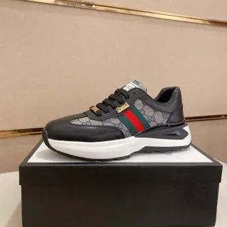 Gucci Negro Beige Cuero Y GG Monogram Canvas Rayas Rojo-Verde Web Zapatillas Lifestyle