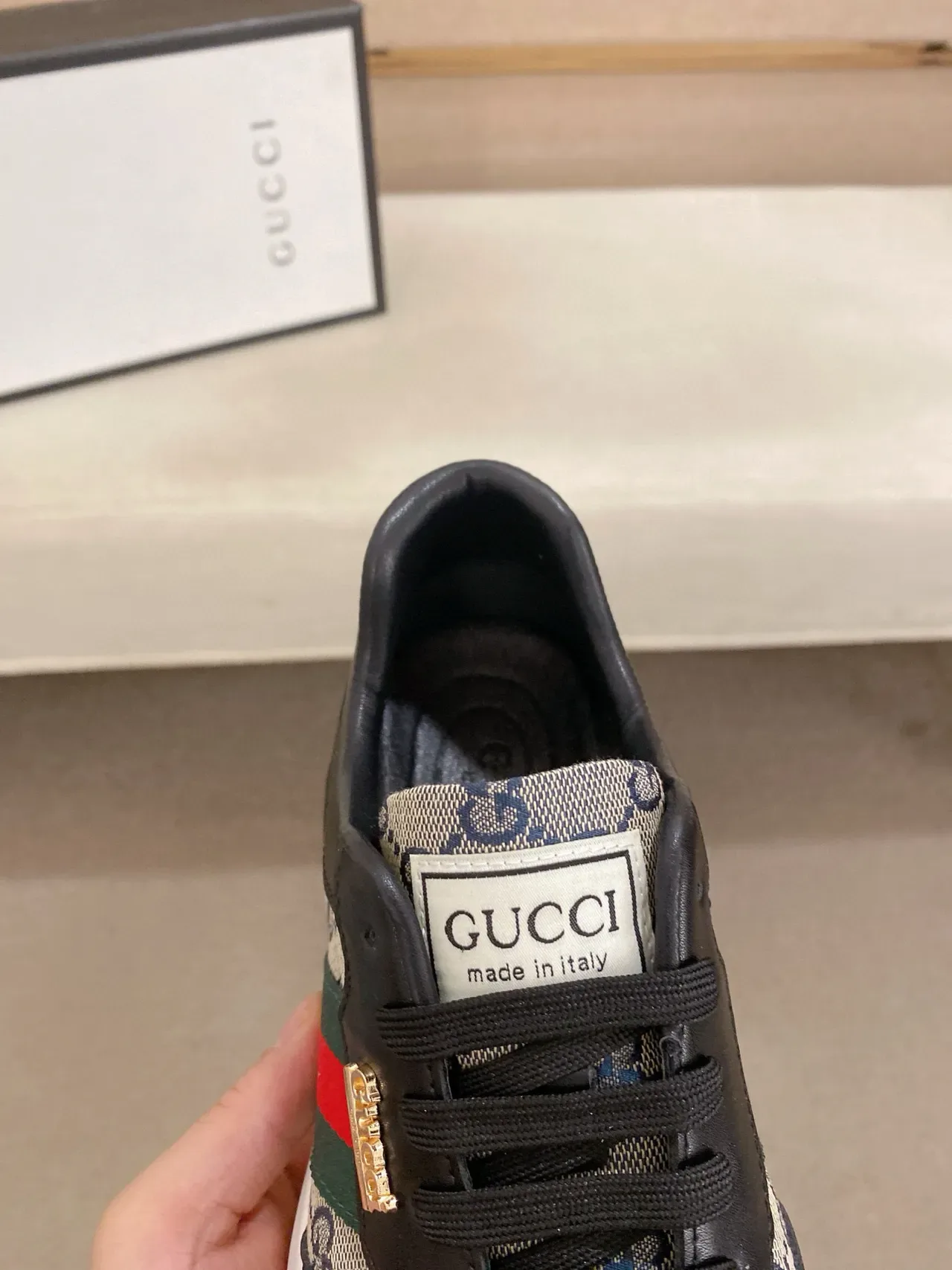 Gucci Preto Bege Couro E GG Monogram Tela Rayas Vermelho-Verde Web Tênis Lifestyle 6