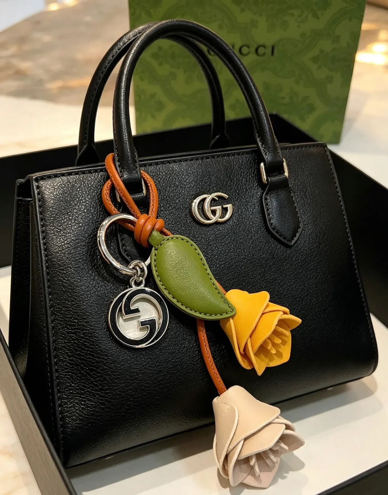 Gucci Bolso Boston Negro y Beige de Piel Estructurada Pebbled con Asa Superior 8