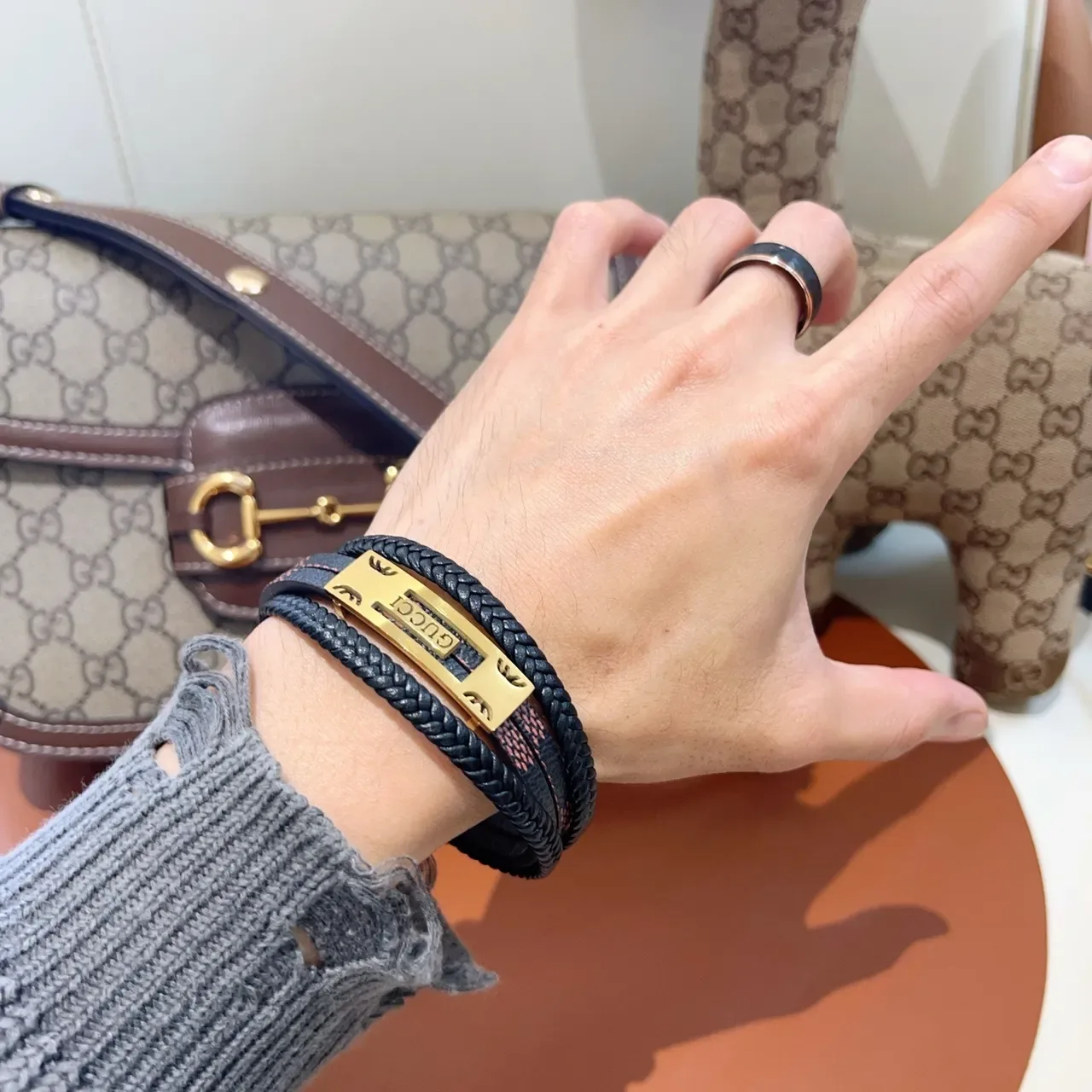 Gucci Black Gold Double-Wrap Braided Leather Bracelet 5