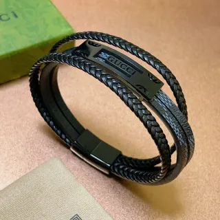 Gucci Black Gray Double-Wrap Braided Leather Bracelet