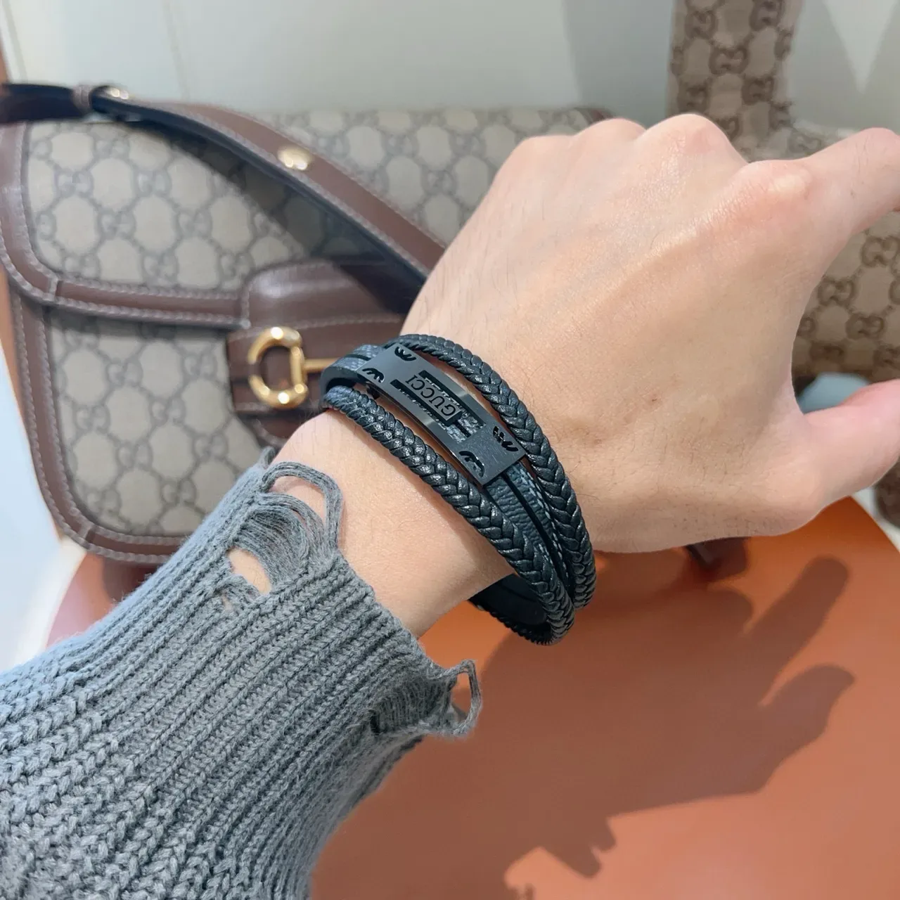 Gucci Black Gray Double-Wrap Braided Leather Bracelet 2