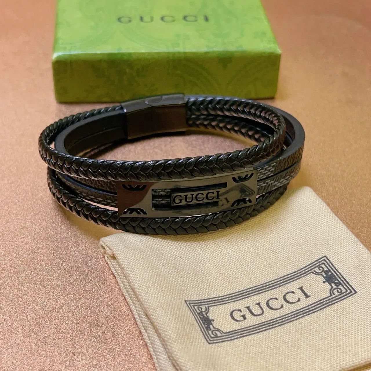 Gucci Black Gray Double-Wrap Braided Leather Bracelet 3