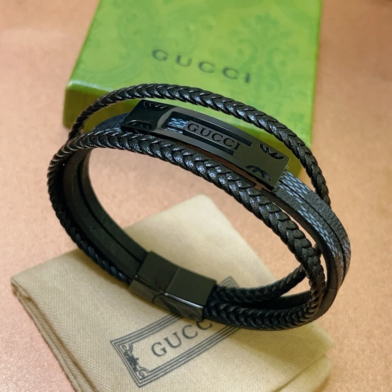 Gucci Black Gray Double-Wrap Braided Leather Bracelet 4