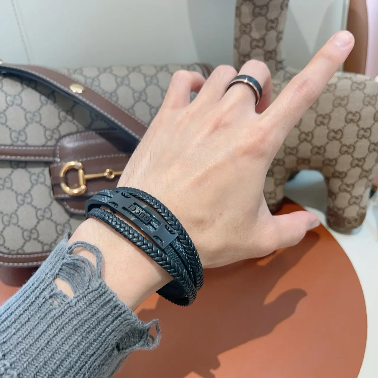 Gucci Black Gray Double-Wrap Braided Leather Bracelet 5