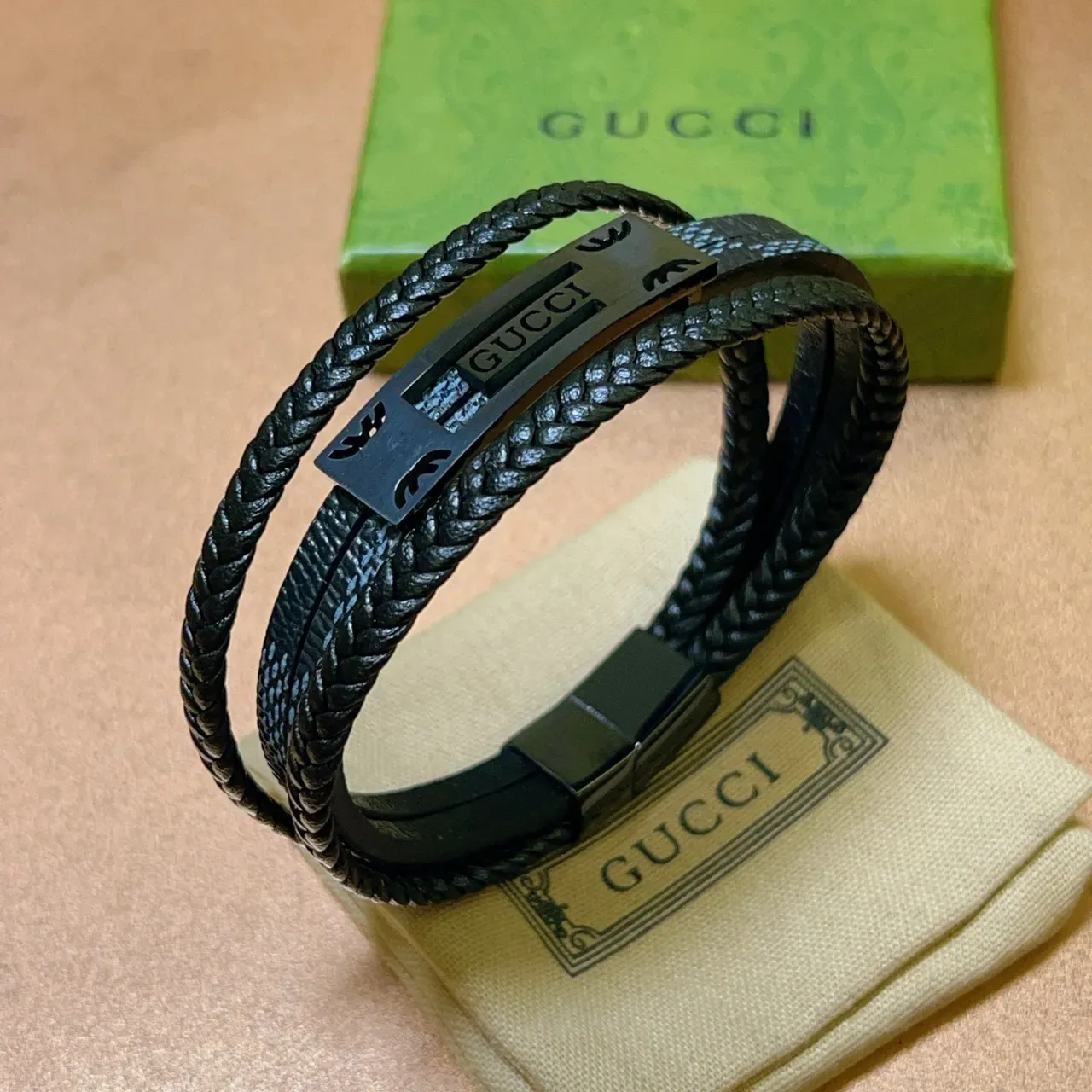 Gucci Black Gray Double-Wrap Braided Leather Bracelet 6