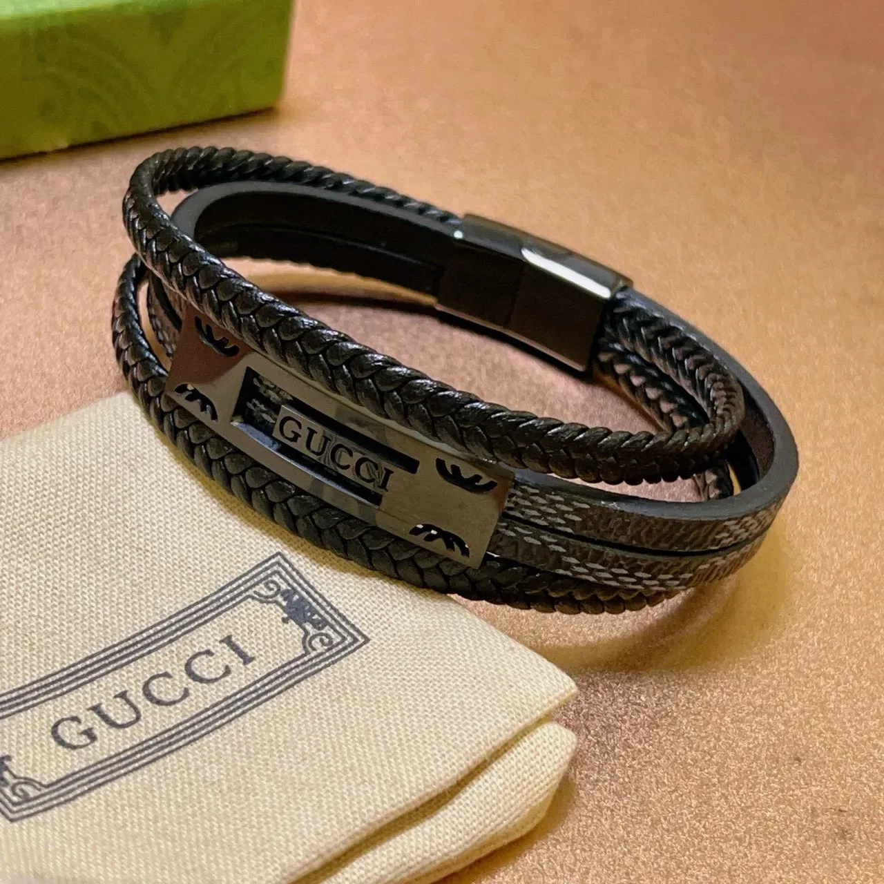 Gucci Black Gray Double-Wrap Braided Leather Bracelet 7