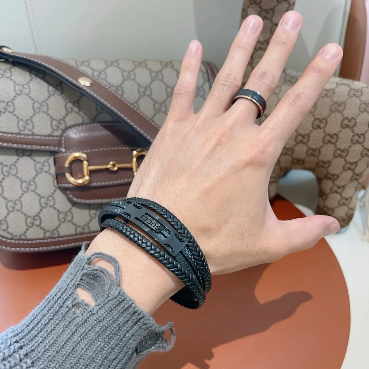 Gucci Black Gray Double-Wrap Braided Leather Bracelet 8