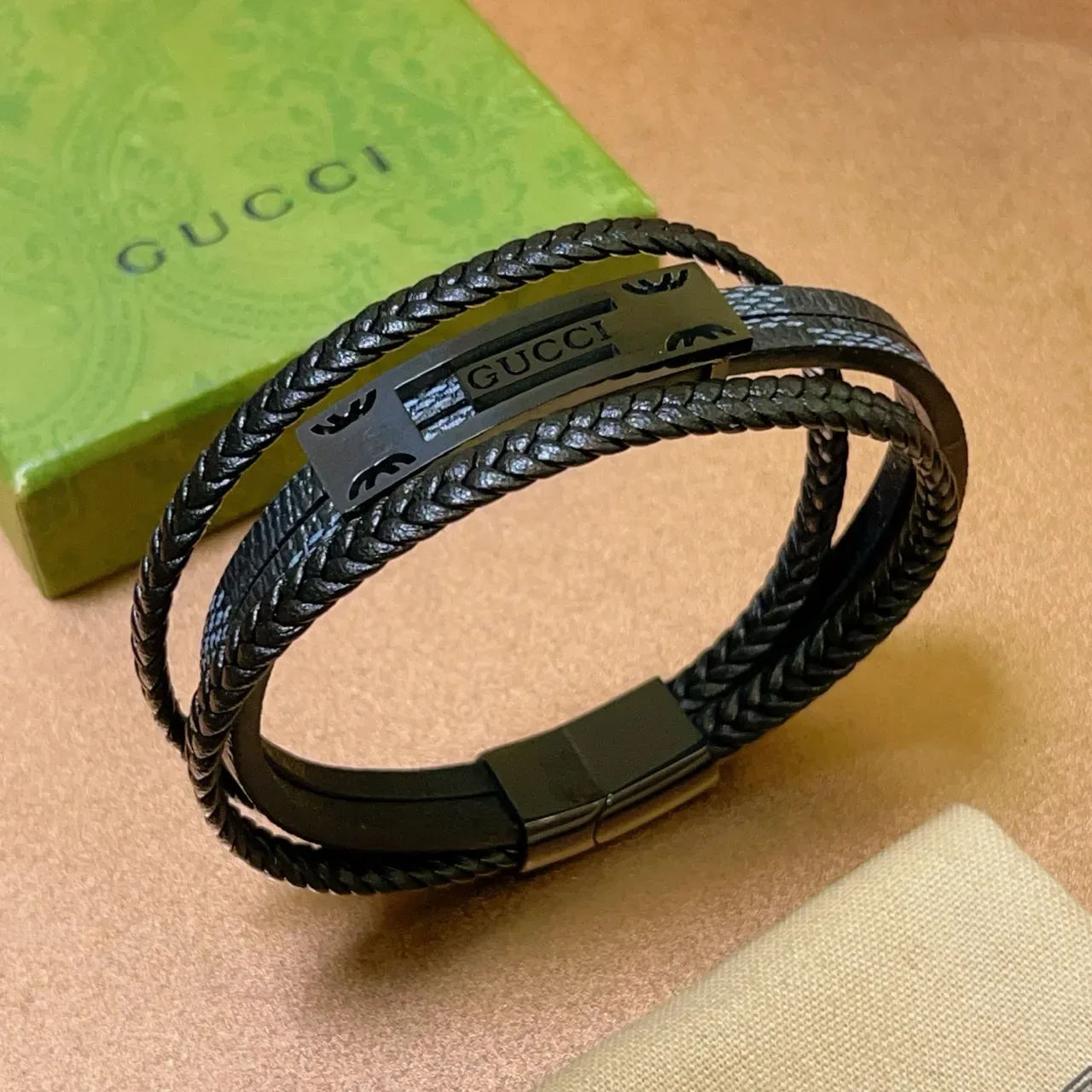 Gucci Black Gray Double-Wrap Braided Leather Bracelet 9