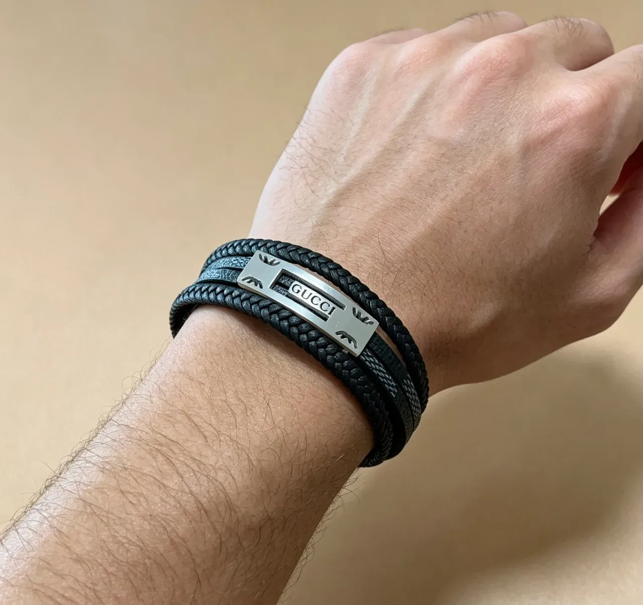 Gucci Black Silver Braided Leather Double-Wrap Bracelet 3