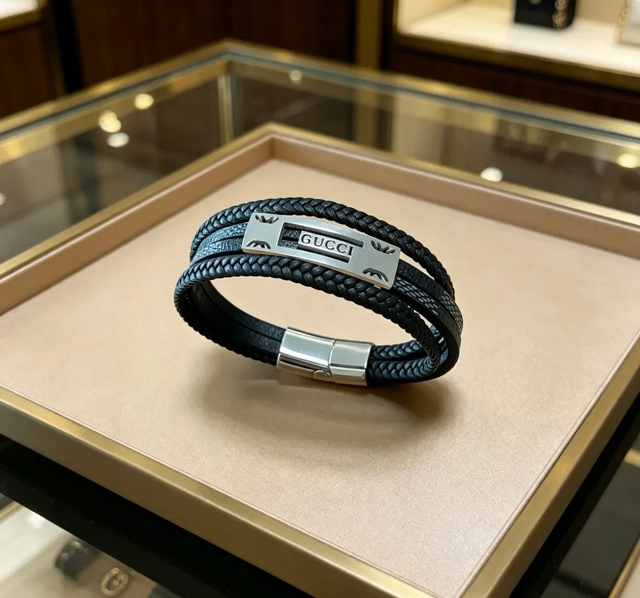 Gucci Black Silver Braided Leather Double-Wrap Bracelet 9
