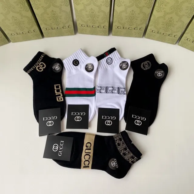 Gucci Chaussettes Noires Blanches Côtelée Manchette Patch Logo 3