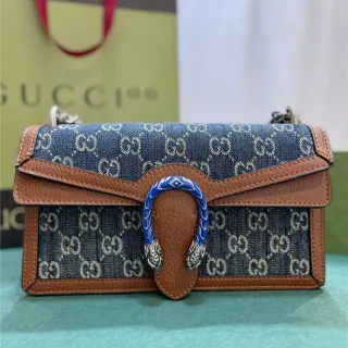 Gucci Blue Brown GG Monogram Denim Tan Leather Trim Chain Bag
