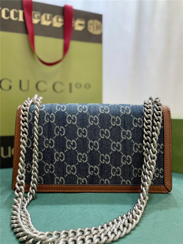 Gucci Blue Brown GG Monogram Denim Tan Leather Trim Chain Bag 9
