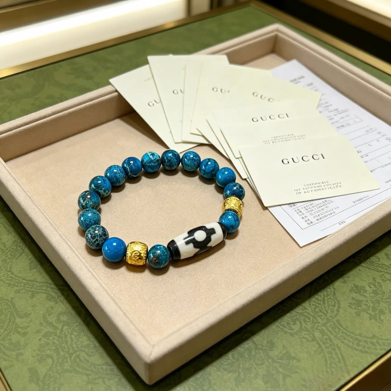 Gucci Blue Gold Beaded Turquoise-Style Stone Bracelet 2