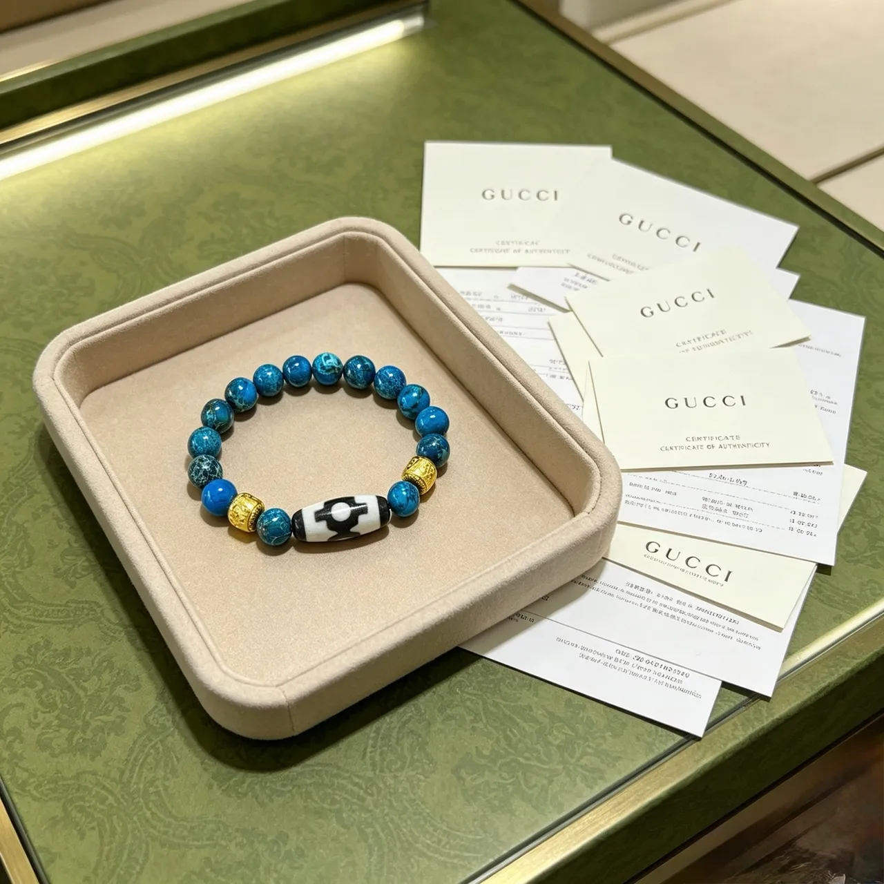 Gucci Blue Gold Beaded Turquoise-Style Stone Bracelet 4