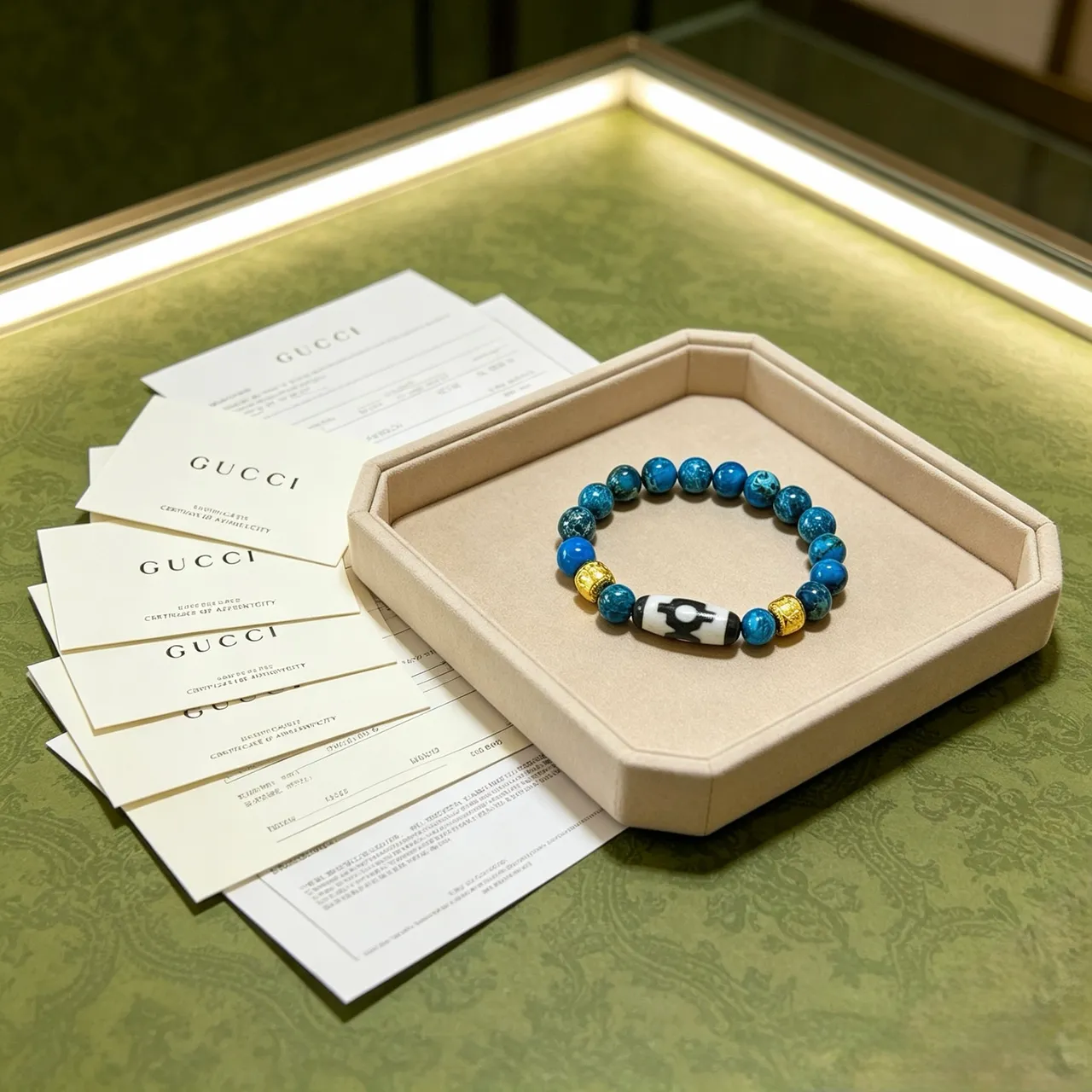 Gucci Blue Gold Beaded Turquoise-Style Stone Bracelet 6