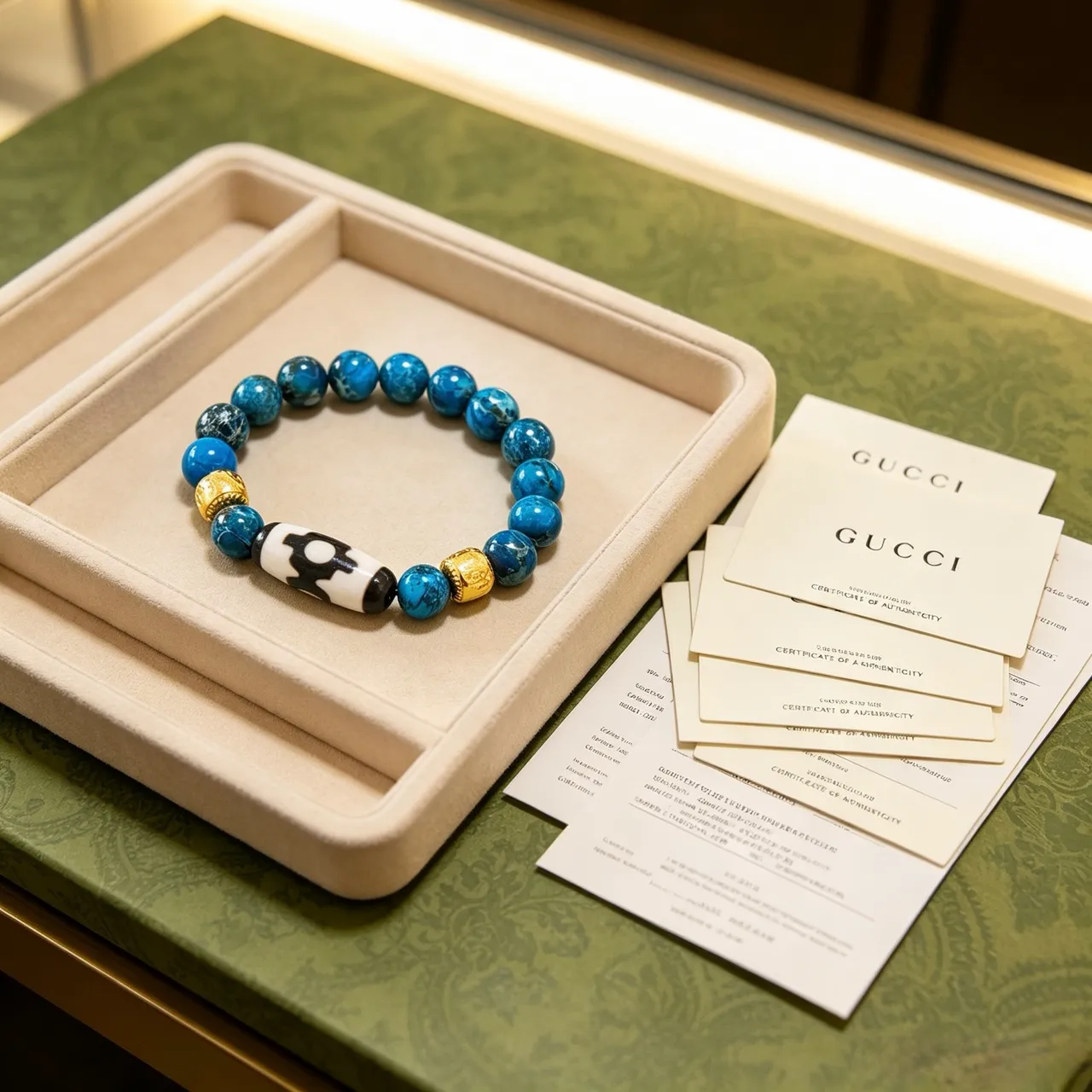 Gucci Blue Gold Beaded Turquoise-Style Stone Bracelet 7