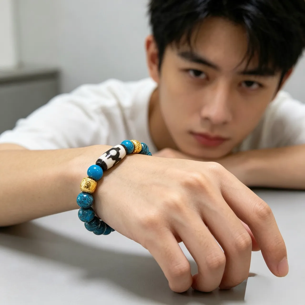 Gucci Blue Gold Beaded Turquoise-Style Stone Bracelet 8